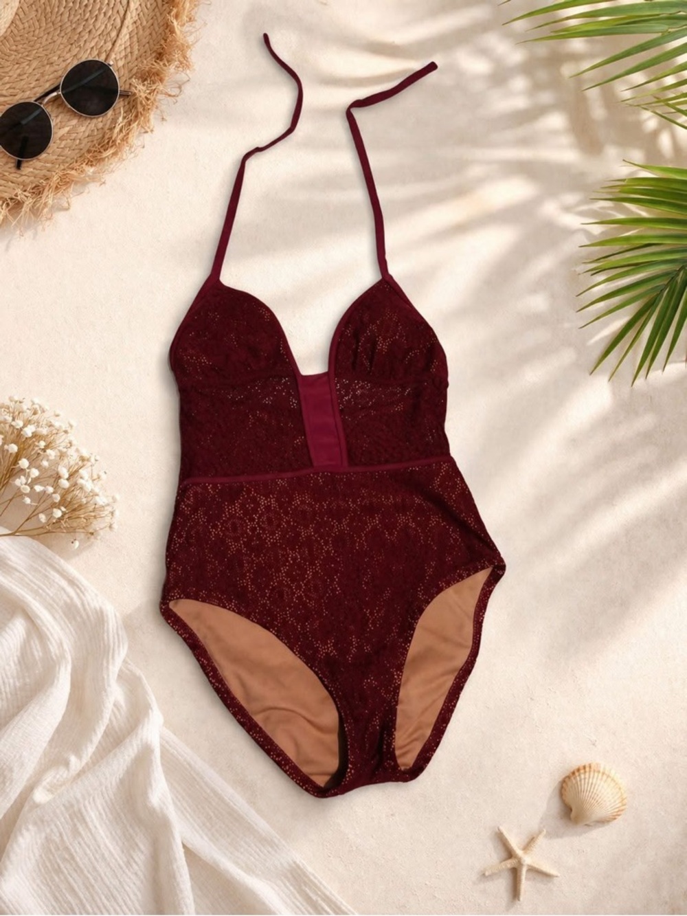 Dark Crimson Lace Plunge Halter Swimsuit medium